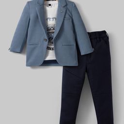 Dapper Dudes Full Sleeves Solid Blazer With Typography Printed Tee & Pant Set - Blue-picture-29