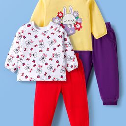 Doodle Poodle 100% Cotton Knit Full Sleeves Top & Joggers Set With Bunny Print & Bow Applique Pack of 2 - Red Purple & Yellow-picture-16