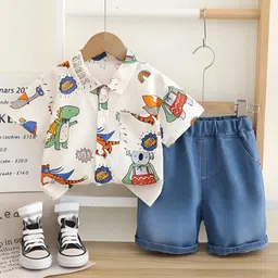 Googo Gaaga Cotton Woven Half Sleeves Baby Animals Printed Shirt & Shorts Set - White-picture-26