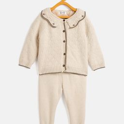 JWAAQ Cotton Knit Full Sleeves Abstract Designed Peter Pan Collar Sweater With Pant Set - Oatmeal-picture-2