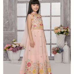 Tiny Kingdom Georgette Sleevless Floral Embroided Sequins Embellished Lehenga Choli With Dupatta Set - Peach image 4