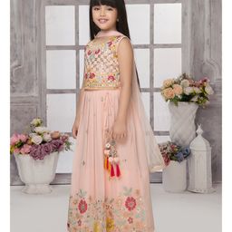 Tiny Kingdom Georgette Sleevless Floral Embroided Sequins Embellished Lehenga Choli With Dupatta Set - Peach image 5