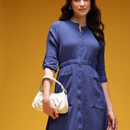 HERE&NOW Cinched Waist Roll Up Sleeves Crinkled Shirt Style Dress-picture-5