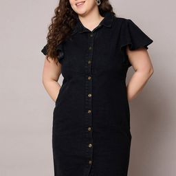 SASSAFRAS Curve Flared Sleeve Ruffled Denim Shirt Dress-image-86
