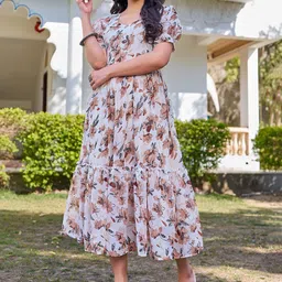 SHOPGARB Floral Printed V-Neck Fit And Flare Georgette Dress-image-81