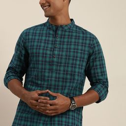 Taavi Men Navy Blue & Sea Green Woven Legacy Kurta with Side Pockets-19