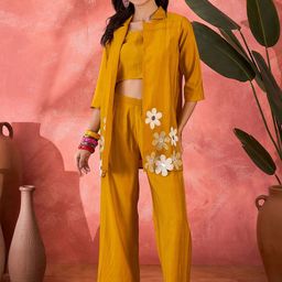 Sangria Floral Embroidered Notched Lapel Collar Top & Trousers With Jacket Co-Ords-picture-5