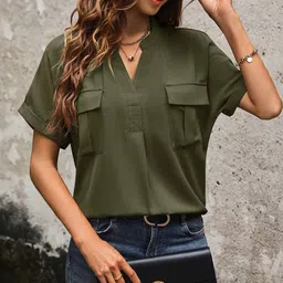 StyleCast Olive Green Mandarin Collar T-shirt-image-18