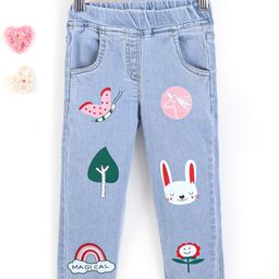 Kookie Kids Full Length Cotton Lycra denim Jeans with Butterfly & Multi Print - Blue-image-48