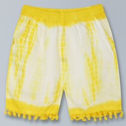 Kiddopanti Pom Pom Lace Hem Detail  Tie & Dyed Shorts - Yellow & White-image-57