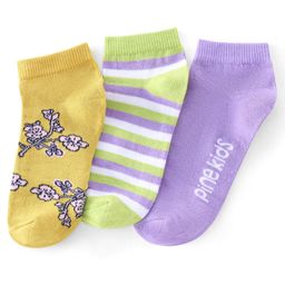Pine Kids Ankle Length Printed Socks Floral Print Pack Of 3 - Yellow Green & Purple-image-37