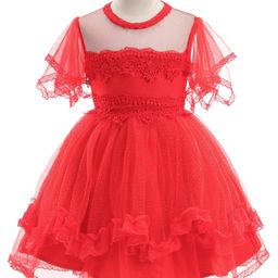 Mark & Mia Cap Sleeves Party Frock With Net Solid Colour - Red-image-3