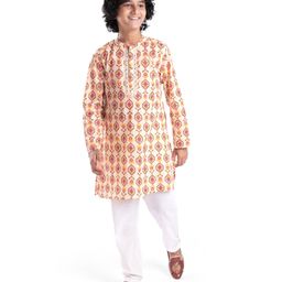 Pine Kids 100% Cotton Woven Full Sleeves Kurta & Pyjama Set With Ikat Print - White-image-82