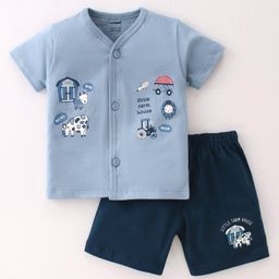 CUCUMBER Cotton Knit Half Sleeves Night Suit With Cow & Tractor Print - Blue-picture-26
