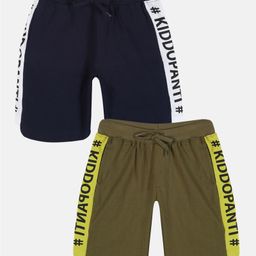 Kiddopanti Pack Of 2 Brand Name Printed Shorts - Navy Blue & Military Green-image-19