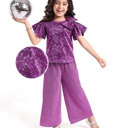 Hola Bonita Glitter Half Sleeves Floral Printed Top With Bow and Shimmer Pant - Lilac-image-74