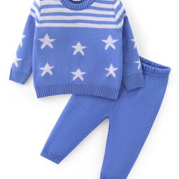 Babyhug Knitted Full Sleeves Sweater Set with Stripes & Star Design - Blue-image-55