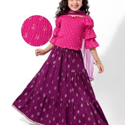 Earthy Touch Single Jersey Knit Puffed Sleeves Choli Lehenga  Set with Dupatta Floral Print - Fuschia-image-55