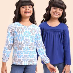Honeyhap Premium 100% Cotton Full Sleeves Floral Print Top with Bio Finish Pack of 2 - White & Limoges-image-55