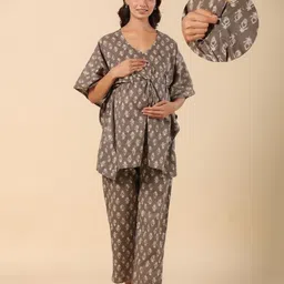Ikk Kudi by Seerat Cotton Woven Three Fourth Batwing Sleeves Abstract Motif Printed Kaftan Top With Zipper Nursing Access & Pant Set - Grey-picture-18