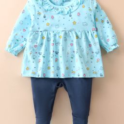 Cucumber Cotton Knit Full Sleeves Footed Romper With Frill Detail &Floral Print - Aqua-image-87