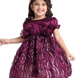 Babyhug Woven Puffed Sleeves Fit & Flared Sequined Ruffled Party Frock with Floral Applique - Wine-image-90
