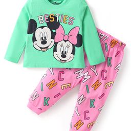 Babyhug Disney Single Jersey Knit Full Sleeves Night Suit with Minnie Mouse & Friends Graphics- Sea Green & Pink-image-79