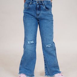Kiddopanti Bottom Flared Knee Distress Stretchable Denim Jeans With Adjustable Elastic Waist - Mid Rag Wash Blue-image-12