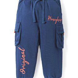 Honeyhap Premium 100% Cotton Knit Full Length Lounge Pant with Cargo Pockets & Text Print - Navy Blue-image-88