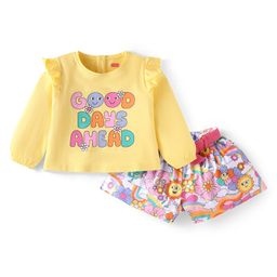 Babyhug Single Jersey Knit Full Peasant Sleeves Top & Shorts with Floral & Text Print - Yellow-image-25