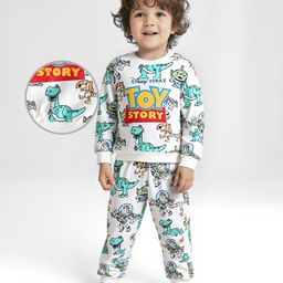 Babyhug Disney Terry Knit Drop Shoulder Sweatshirt & Lounge Pant Set With Toy Story Graphics - White & Blue-image-73