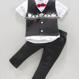 Dapper Dudes Half Sleeves Palm Trees Printed Shirt With Waistcoat Pant & Bow Set - Dark Grey-picture-13