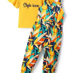 Ollington St.100% Cotton Leaf Printed Dungaree & Half Sleeves Inner Top - Multicolour & Yellow-image-55