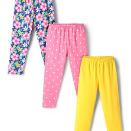 Babyhug Cotton Knit Full Length Leggings With Polka Dots & Floral Print Pack Of 3 - Yellow Pink & Blue-picture-1