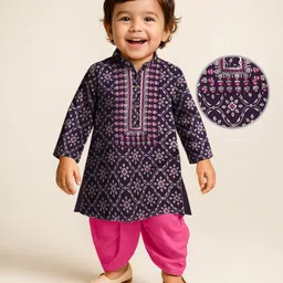 Earthy Touch Single Jersey Knit Full Sleeves Kurta Dhoti Set with Floral Foil Print - Purple-picture-38