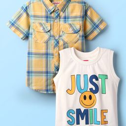 Babyhug 100% Cotton Half Sleeves Checks Shirt With Sleeveless Text Printed T-Shirt - Yellow & White-image-20