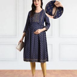 Bella Mama Woven Three Fourth Sleeves Maternity Kurta with Border Yoke & Floral Print - Navy Blue-image-67