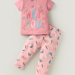 Tango Single Jersey Knit Half Sleeves Night Suit With Hey You Text Print -Pink-image-63