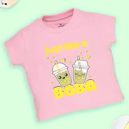 Kiddopanti Cotton Half Sleeves Just Like A Boba Text Printed Crop Tee - Pink-picture-33