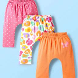 Babyhug Cotton Knit Full Length Diaper Pants With Polka Dots & Butterfly Print Pack Of 3 - Multi colour-image-87
