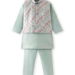 Ridokidz Full Sleeves Solid Kurta & Pyjama With Ethnic Motif Embroidered & Sequins Embellished Jacket Set - Pista-image-30