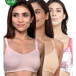 Inner Sense Organic Cotton Knit Pack of 3 Solid & Floral Printed Antimicrobial Bras With Nursing Access - Multi Colour-picture-34