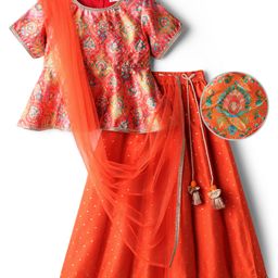 EARTHY TOUCH Woven Half Sleeves Choli Lehenga Set With Dupatta Floral Print & Lace Detailing - Dark Peach-picture-46