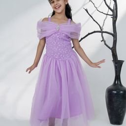 AJ Dezines Cotton Woven Cold Shoulder Sleeves Leaves Embroidered Gown With Brooch - Lavender-image-17