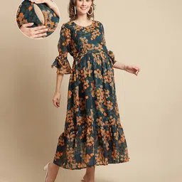 Moms Maternity Georgette Woven Three Fourth Bell Sleeves Leaves Printed Maternity Tiered Dress With Side Zipper Nursing Access - Teal Green-picture-47