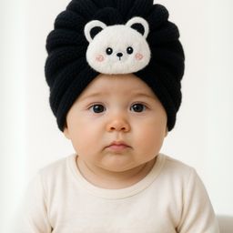 The little lookers Wool Knit Bear Applique Detailed Turban Cap - Black - Circumference - 36 Cm-picture-1