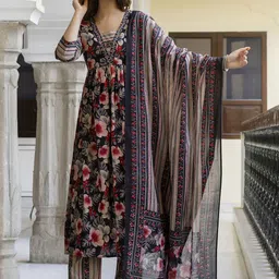 EthniFlair Women Floral Printed Empire Pure Cotton Kurta with Trousers & Dupatta-picture-17