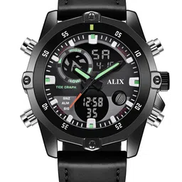 ALIX Men Brass Patterned Dial & Leather Straps Analogue and Digital Multi Function Watch AL3032 BLACK image 3
