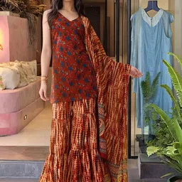 KALINI Floral Printed V Neck Pure Cotton Kurta With Sharara & Dupatta-picture-20
