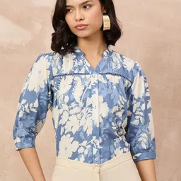 all about you Women Floral Printed Mandarin Collar Puff Sleeve Cotton Regular Top-image-97